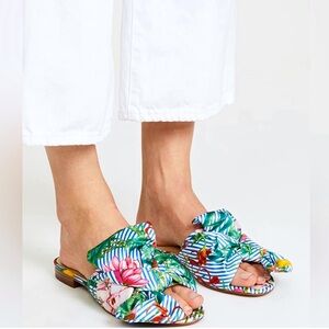 Green Striped Satin Slip On Flat Mules With Bow Size 8.5